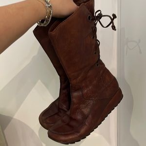 Vintage Leather Boots Bootie Shoe Lace-Up Zipper Wedge Winter Boho Hobo Hippie 6